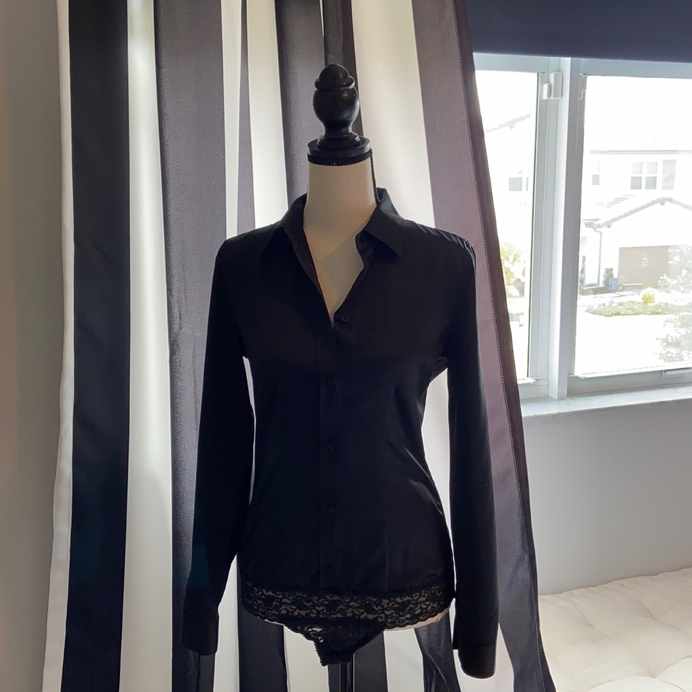 Moda International Black Satin Bodysuit, Button Down Style, Size Small